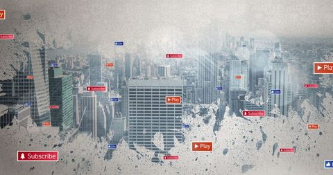 Abstract cityscape with social media network and interaction