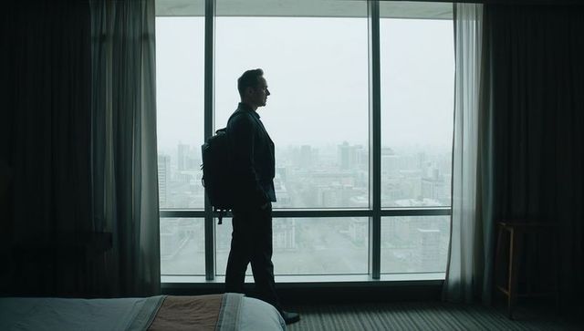 Business traveler standing by hotel window overlooking foggy city skyline with backpack