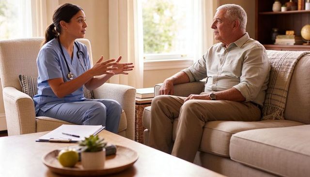 Homecare nurse explaining medication plan to senior man in comfortable living room, natural light