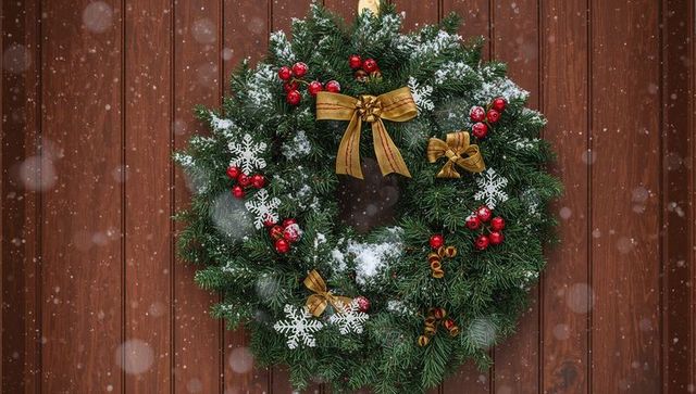 Festive pine wreath with snowflakes and red berries on rustic wooden wall