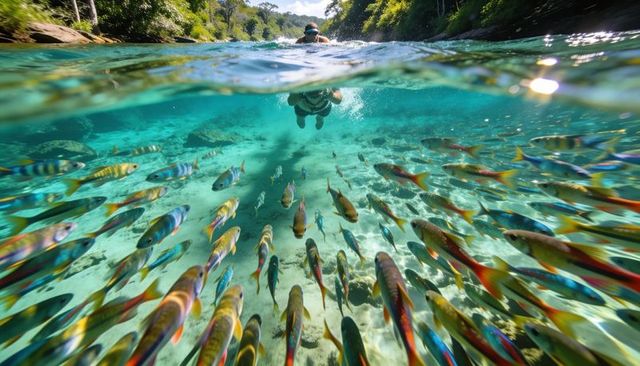 Snorkeler gliding above colorful tropical fish in crystal clear shallow water
