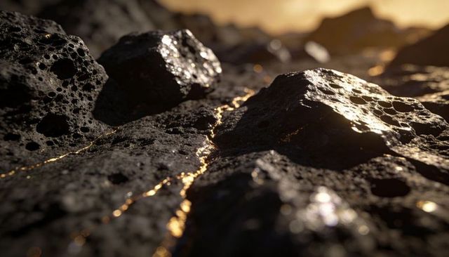 Golden veins in porous volcanic rock close-up with low sun glinting on basalt texture