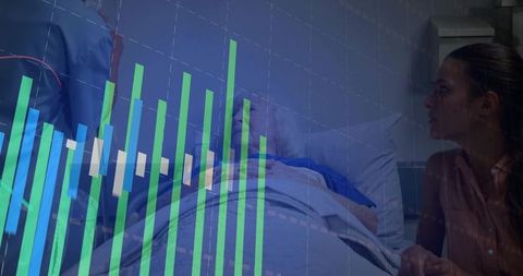Senior patient resting in hospital bed, caregiver monitoring vitals with digital health data overlay