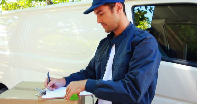 Delivery man writing on clipboard in front of his van
