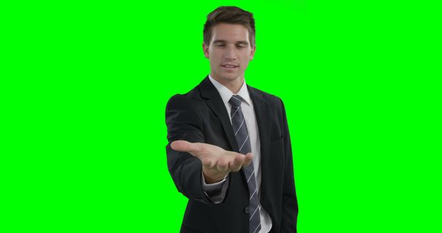 Businessman in a dark suit and tie holding his open hand out in front of a green screen background, suggesting presentation or offering. Suitable for promotional videos, business presentations, or training material that requires adding custom graphics or messages.