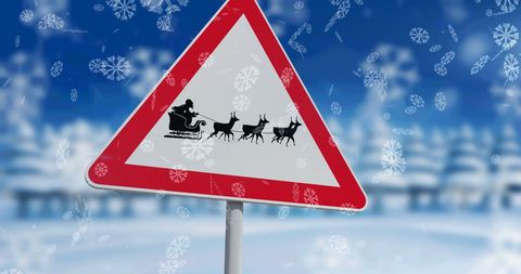 Festive Road Sign with Santa Claus Sleigh and Reindeer - Download Free Stock Images Pikwizard.com