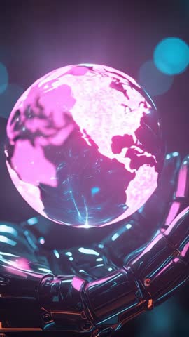 Robotic hand holding rotating holographic globe visualizing data flow in neon lab