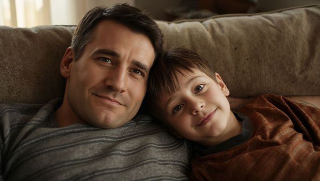 Father and son relaxing on sofa showing close bond cozy intimate family moment at home
