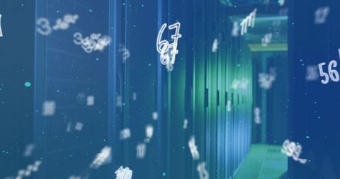 Futuristic Data Center with Glowing Racks and Floating Digits