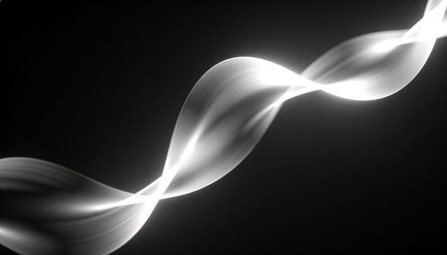 Glowing ribbon twisting diagonally with bright crossing point and ribbed texture