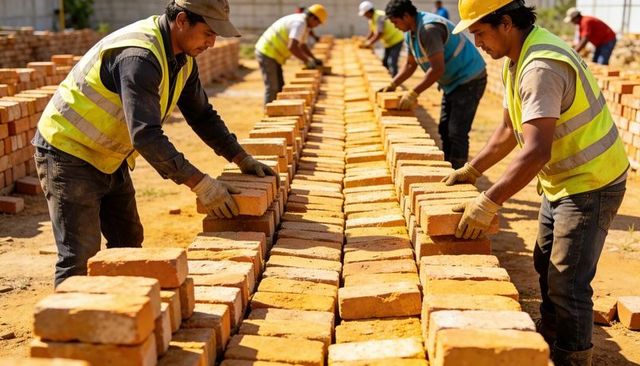 Construction workers placing bricks and aligning rows at sunlit outdoor masonry site