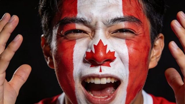 Cheering asian fan wearing canadian flag face paint raising hands closeup celebrating victory