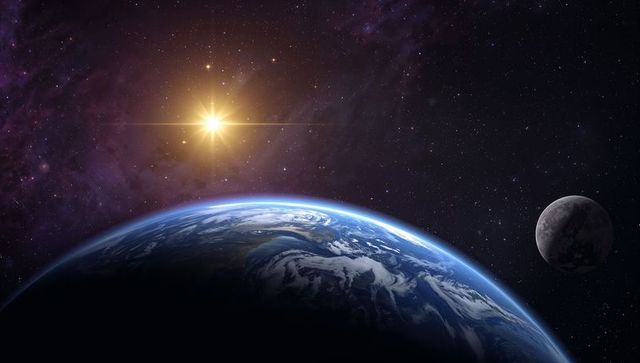 Earth Curvature Near Earth's Orbit with Sun, Stars and Celestial Bodies