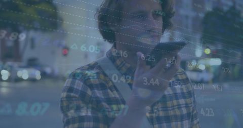 Financial Data Overlay with Man Using Smartphone Outdoors