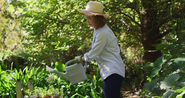 Woman in a wide-brimmed hat and long-sleeve shirt diligently watering plants in a vibrant, green garden. Ideal for themes related to gardening, outdoor hobbies, plants, nature, landscaping, and healthy lifestyle.