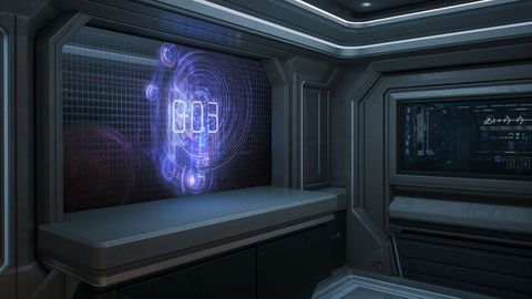 Futuristic laboratory with holographic blue-purple projection
