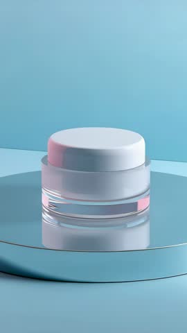 Rotating frosted-glass cream jar on pastel platform vertical cosmetic branding video
