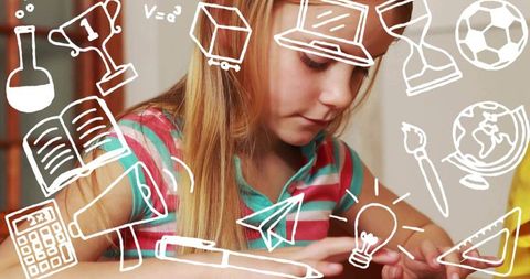 Young girl studying on tablet at home with hand-drawn education doodles and icons