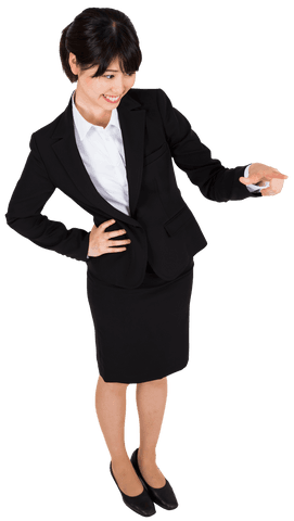 Happy Asian Businesswoman Confidently Pointing on Transparent Background