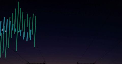 Teal Data Bars Overlaying Dusk Power Grid Silhouette with Twilight Gradient and Copy Space