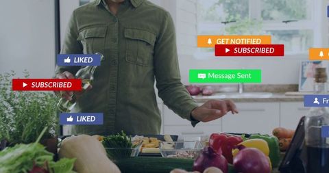 Cooking influencer going live preparing fresh salad with floating social reactions