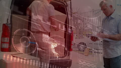 Courier Delivering Package with Data Hologram Display