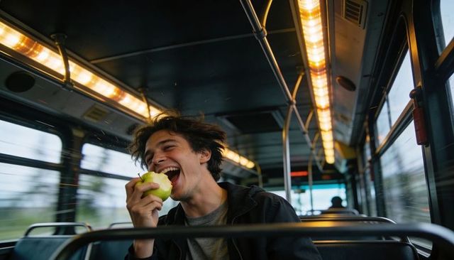 Laughing commuter biting green apple on moving bus, candid urban motion lifestyle