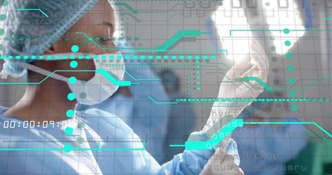 Surgeon with Digital Interface Overlay in High-Tech Operating Room