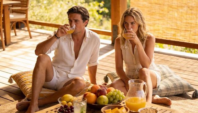 Sunlit terrace couple sipping orange juice on wooden deck in white linen summer outfits