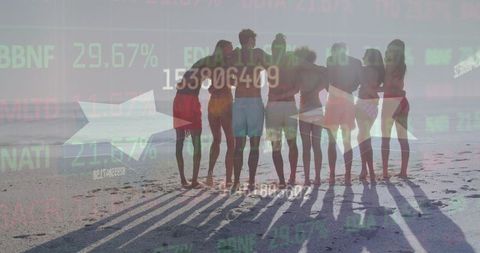 Group of Friends Enjoying Beach Sunset with Stock Market Overlay