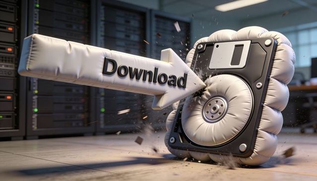 Inflatable download arrow piercing cushioned hard drive in server rack data impact concept