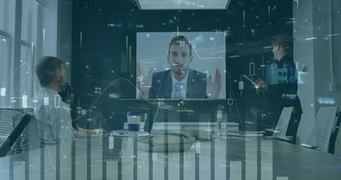 Animated Financial Data Overlay on Business Meeting in Office