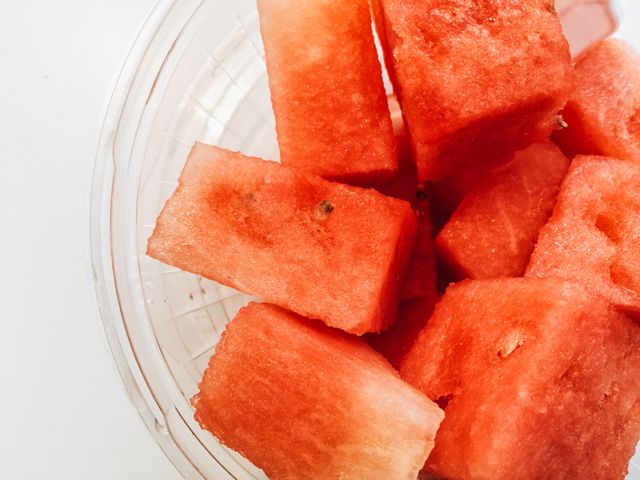 Fresh watermelon cubes in a bowl, perfect for healthy eating, summer recipes, or diet planning materials. Ideal for use in food blogs, nutrition articles, recipe books, or promotional content for organic and fresh produce retailers.