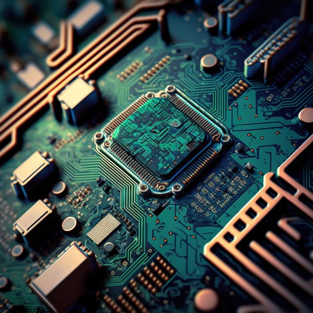 Close up of computer processor, created using generative ai technology. Computer microchip technology and digital information concept digitally generated image.