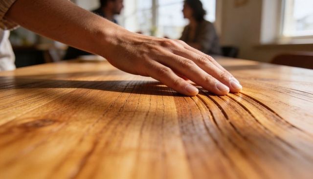 Gliding hand tracing warm wood grain on cafe tabletop in sunlight