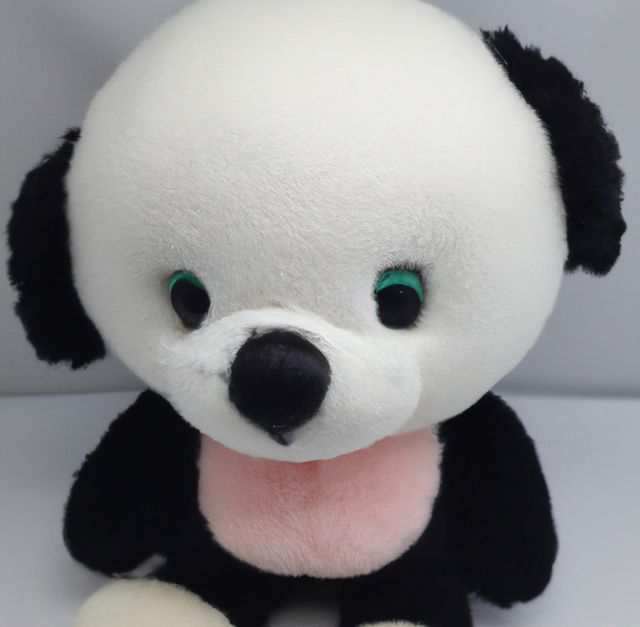 A cute panda teddy bear with soft black and white fur, featuring green eyes and a pink chest. Great as a gift for children or as a decorative stuffed animal. Perfect for toy stores, nurseries, or as a cozy companion.