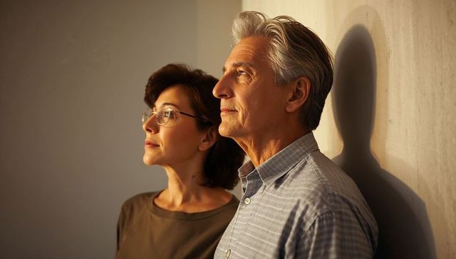 Mature couple gazing upward in warm indoor light, eyeglasses, contemplative companionship
