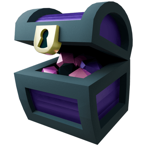 Low-poly 3d treasure chest transparent background, purple gemstones and gold lock game asset icon