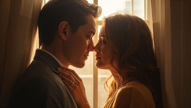 Couple sharing intimate gaze at backlit window during golden hour romantic portrait