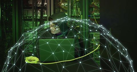 Technician Processing Data with Digital Globe Overlay on Servers - Download Free Stock Images Pikwizard.com
