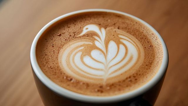Swan Latte Art Pouring Creamy Foam on Cappuccino Close-Up with Warm Wooden Background