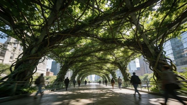 Walking under living vine arches urban park promenade with sunlit green canopy, commuters