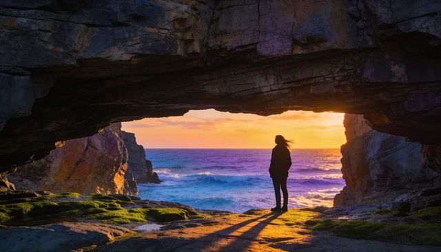 Woman standing in sea cave at sunset, gazing across ocean waves and mossy tide pools