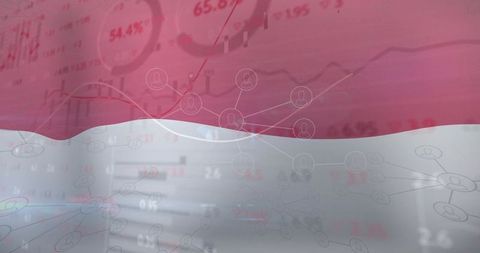 Red and white wave with network nodes and financial analytics overlay for tech and finance