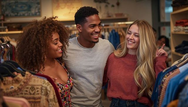 Laughing friends shopping boutique, trying patterned dresses and denim for casual style