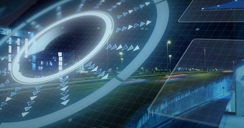 Futuristic HUD overlaying urban highway at night with neon ring, arrows, motion trails