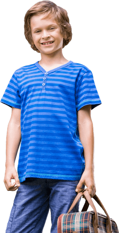 smiling boy holding checked bag in everyday blue attire transparent - Download Free Stock Videos Pikwizard.com