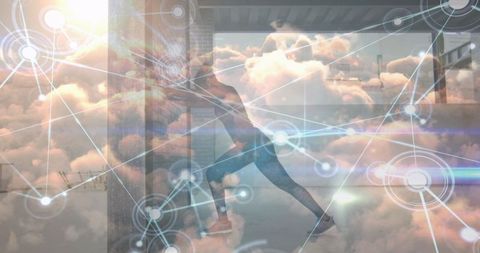 Digital Connections Overlay with Woman Exercising on Rooftop - Download Free Stock Images Pikwizard.com