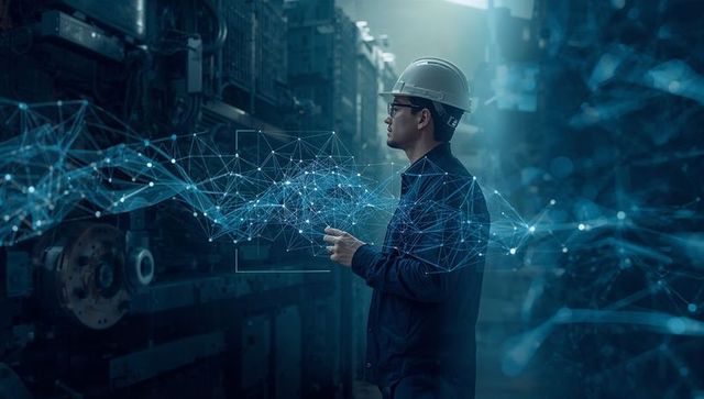 Industrial engineer monitoring augmented reality network for smart factory machinery