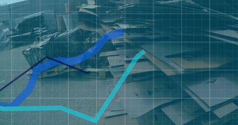 Flattened cardboard packages with trend graph in warehouse setting